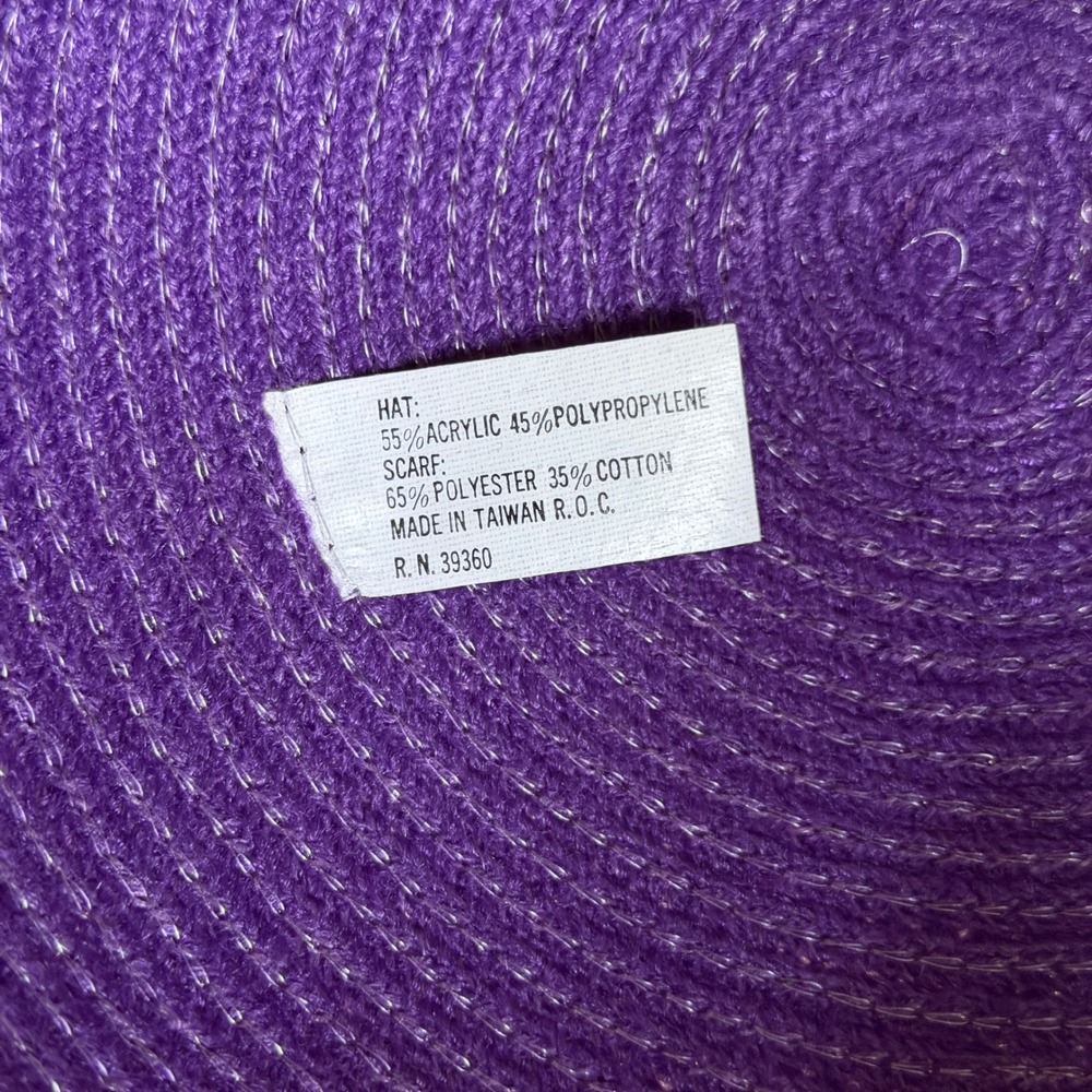 Vtg Y2K Bollman Purple Woven Straw Bucket Hat Attached Scarf Tie 60s Mod Cloche - Picture 6 of 8